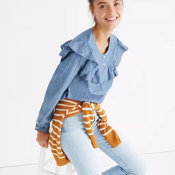 Madewell Denim Ruffle Long Sleeve Button Down Shirt - Picture 1 of 5